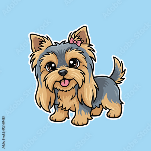 Cute Yorkie dog with bow standing on blue background  