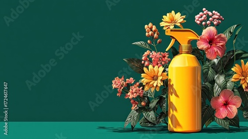 A vibrant spray bottle surrounded by a profusion of colorful flowers creates a cheerful and refreshing visual.