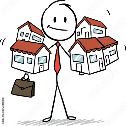 Real estate agent holding houses and briefcase smiling confidently.