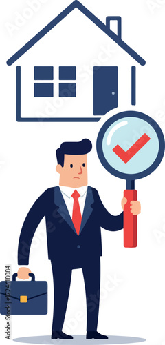 Real estate agent inspecting house with magnifying glass.