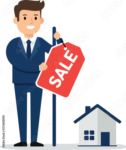 Real estate agent holding sale sign near a small house.