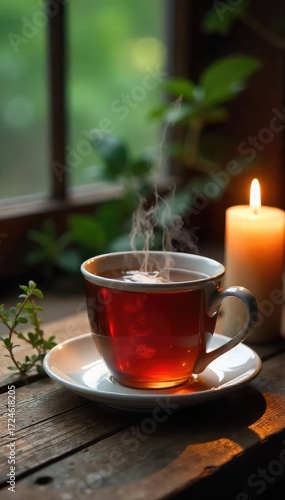 Wallpaper Mural A steaming mug of herbal tea sits on a rustic wooden table next to a lit candle, creating a tranquil and calming scene perfect for relaxation , mug, peaceful, escape Torontodigital.ca