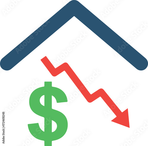 Real estate market decline under the roof with dollar sign.