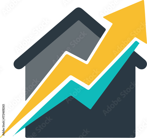 Real estate market growth concept represented by house and rising arrow.