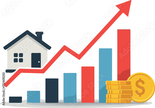 Real estate market growth and investment analysis concept with house and money.