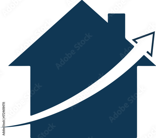 Real estate market growth represented by house and upward arrow.