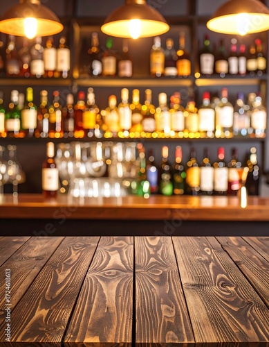 Wooden bar top foreground, blurred bar scene background