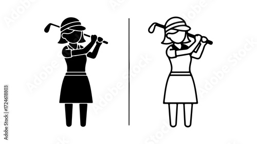 Woman golfer icon set in glyph and outline style.