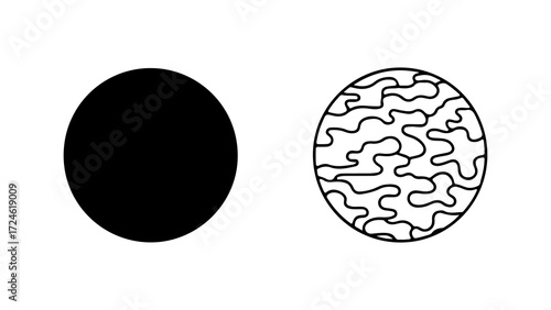 Two contrasting circles one solid black the other patterned.