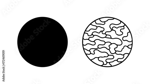 Two contrasting circular shapes one solid black and one with an intricate organic pattern.