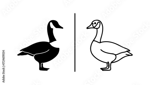 Two contrasting images of a Canada goose one in black and one in white side by side.