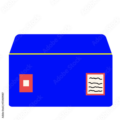 Vibrant blue box with yellow stripe and white label resting on a flat surface