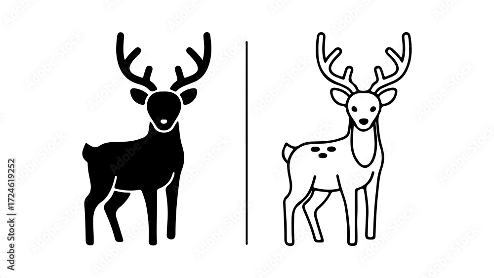 Naklejka premium Two deer icons one solid black silhouette and one outline drawing.