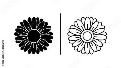 Two daisy flower icons one filled one outline.