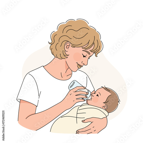 A gentle mother lovingly feeds her infant baby with a milk bottle, cradling the child in her arms with tender care and affection.