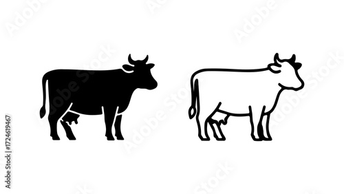 Two distinct cow icons one solid black and one outlined representing dairy and livestock.