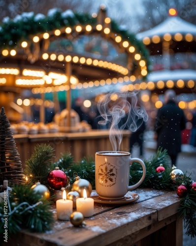 European Christmas Market Stall, Snowy Evening