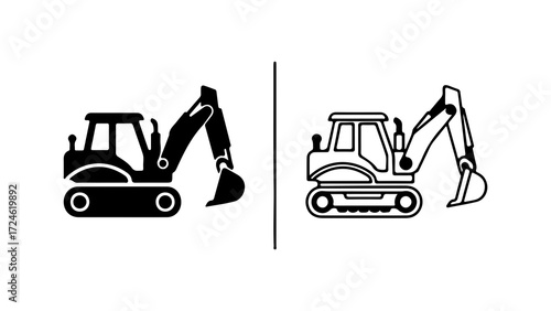 Two excavator icons one solid black and one outline illustration.