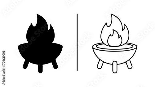 Two fire pit icons one solid black one outline white focused on the fire pit design.