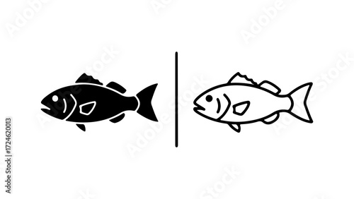 Two fish icons one solid black and one outline separated by a vertical line.
