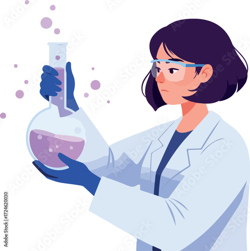 Scientist conducting experiment with flask and beaker in laboratory setting.