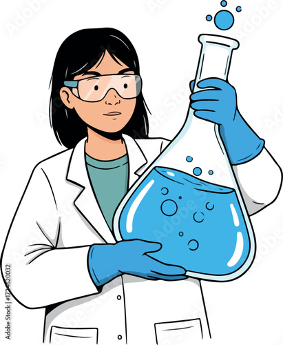 Scientist in lab coat holding a flask with blue liquid and bubbles.