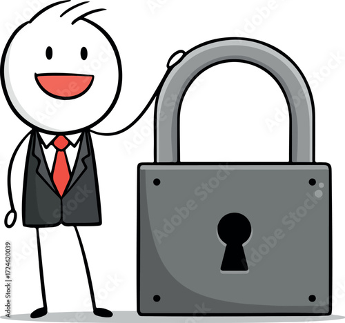 Secure businessman smiling with a padlock representing safety and protection.
