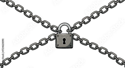 Secure metal padlock locked with chains crossing each other for safety.