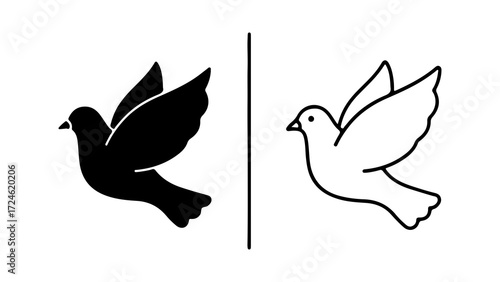 Two flying dove icons one solid black and one outline symbolizing peace and freedom.