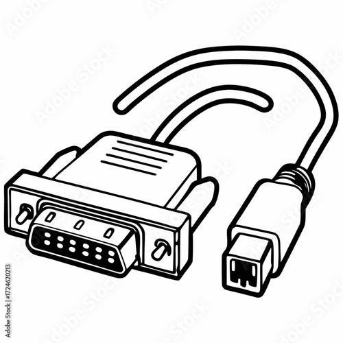 VGA adapter with USB connection cable in black and white illustration  
