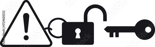 Security alert with unlocked padlock and key warning concept.