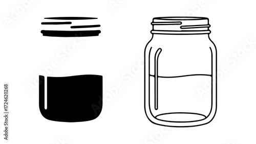 Two glass jars one filled with liquid and the other empty with a lid.