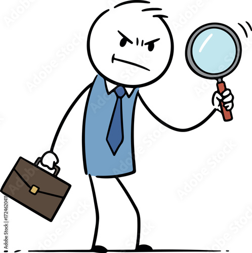 Serious businessman with briefcase and magnifying glass examining something closely.