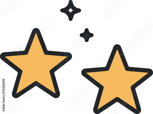 Shining golden stars with black outlines on a white background.
