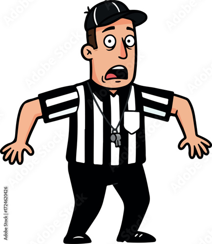Shocked referee in black and white uniform with whistle and cap.