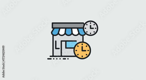 Shop open hours concept with clock and store building illustration.