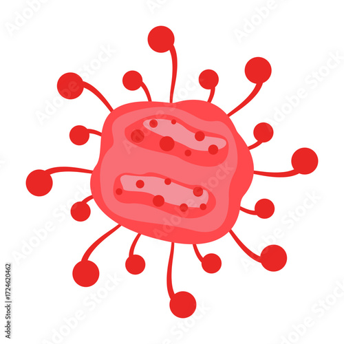 Abstract representation of a red cell-like structure with protruding elements on a white background