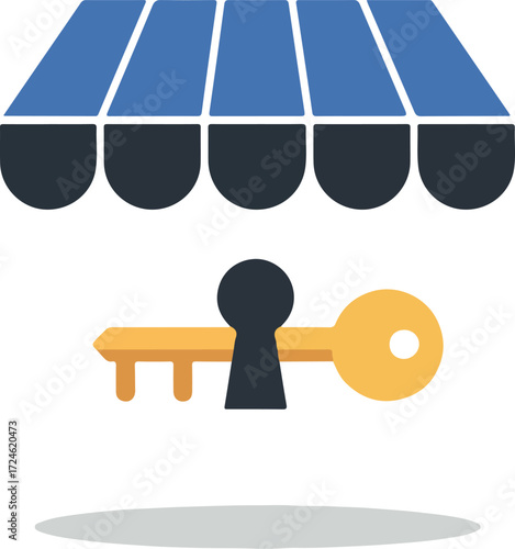 Shop keyhole and key under a blue awning representing security and access.