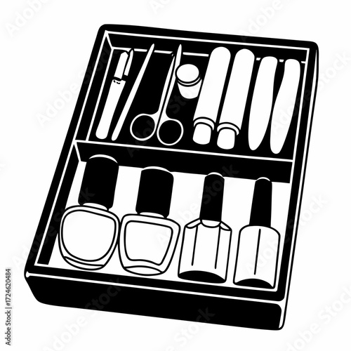 Nail care kit with polish and tools in black and white design  