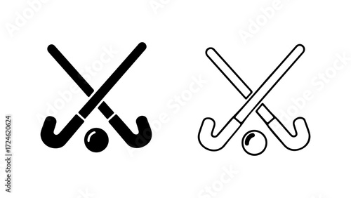 Two hockey sticks crossed with a ball in the center black and white illustrations.