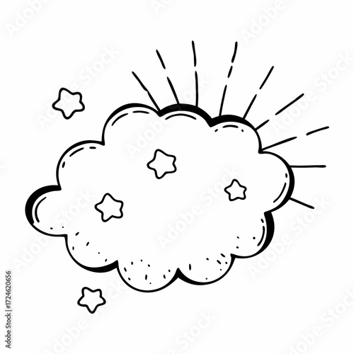 Decorative cloud with stars and sun rays in sketched style  