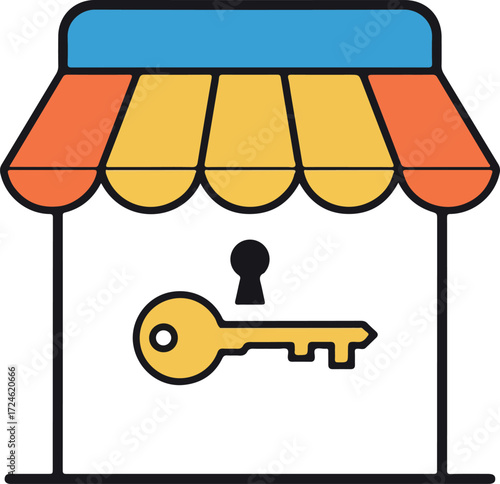 Shopfront with keyhole and key representing access and security for business.