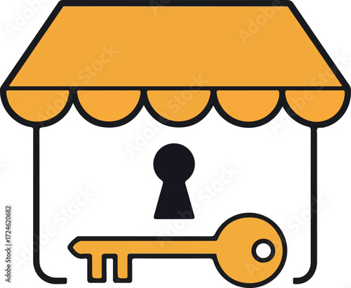 Shopfront with keyhole and key symbolizes property access and security.