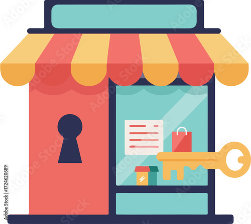 Shopfront with key and lock representing business and security.