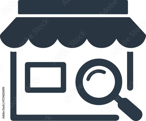 Shopfront with magnifying glass searching for products and services.