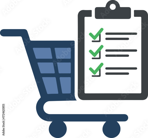 Shopping cart and checklist representing completed tasks and purchases.