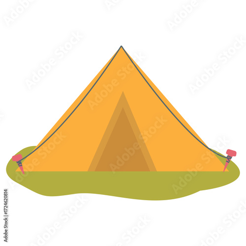 Vibrant camping tent set against a serene landscape with lush greenery and a clear sky