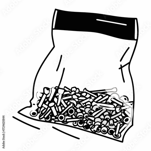 Small parts bag filled with screws and bolts on white background  