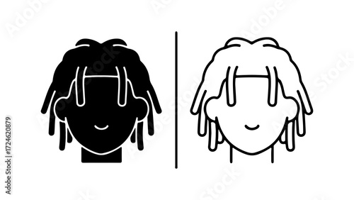 two illustrations of a person with dreadlocks one in black and white one in black and white focused on the hairstyle and facial features.