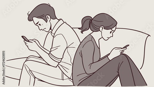 Vector Illustration of Couple Distracted on Phones, Showing Relationship Distance Due to Mobile Overuse
